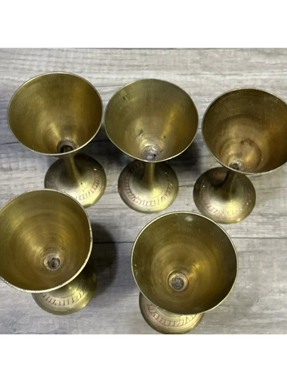 Set Of 5 Brass Goblets Hand-Etched Decorative Red Detailing Vintage Drinkware